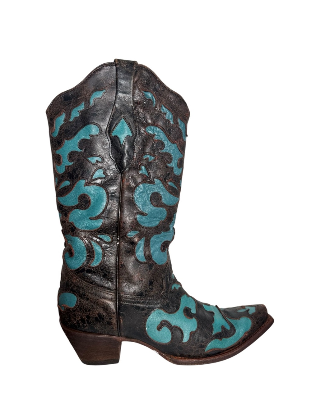 Corral Turquoise Brown Leather Cowboy Western Boots Snip Toe 9M